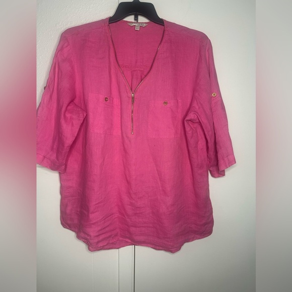 Ellen Tracy Linen Zip Front Roll Tab Sleeve Tunic Shirt Peony Pink Size XXL - Picture 4 of 8